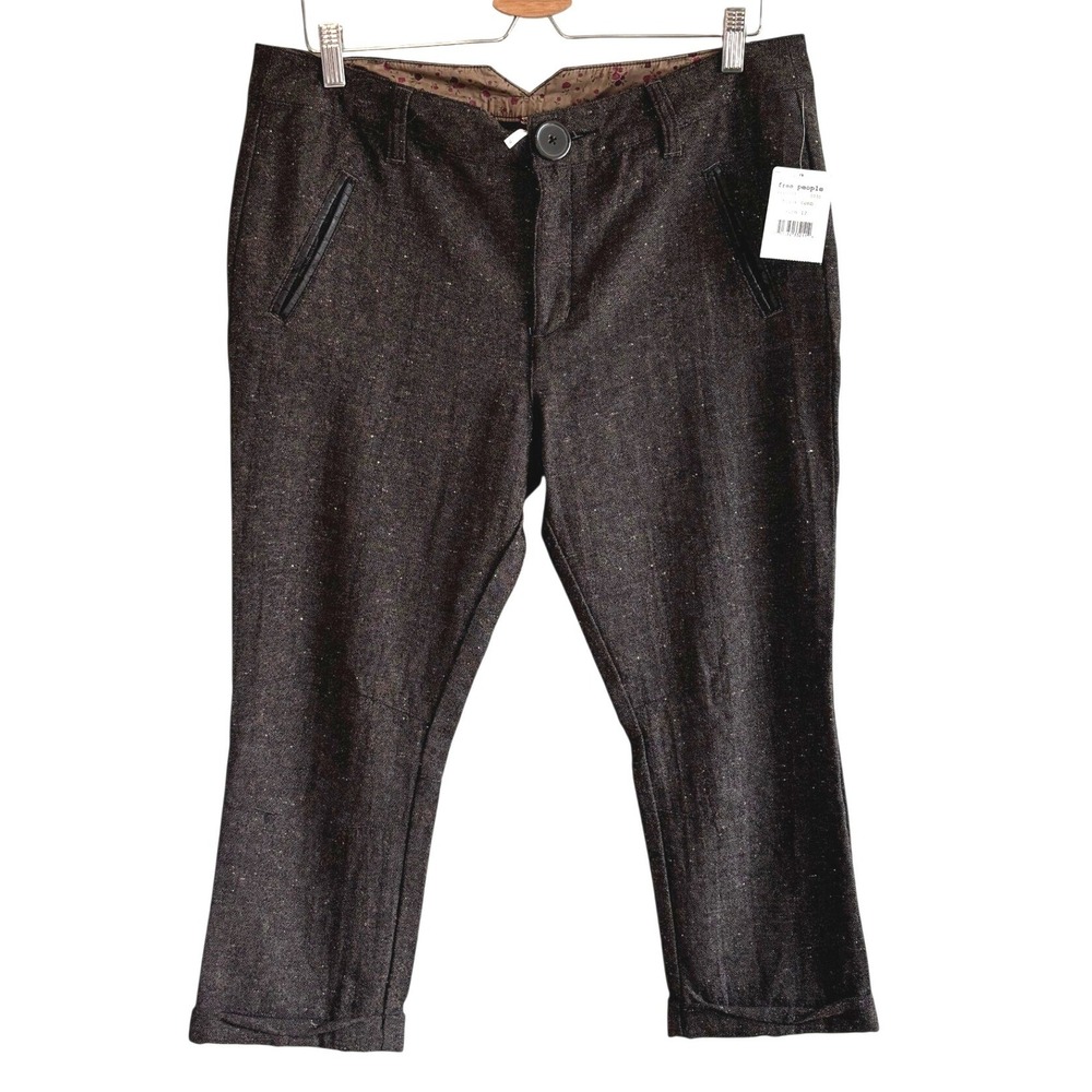 Free People Trousers Black Comb Women Size 12 Wool Blend Cropped Tweed Pants NWT